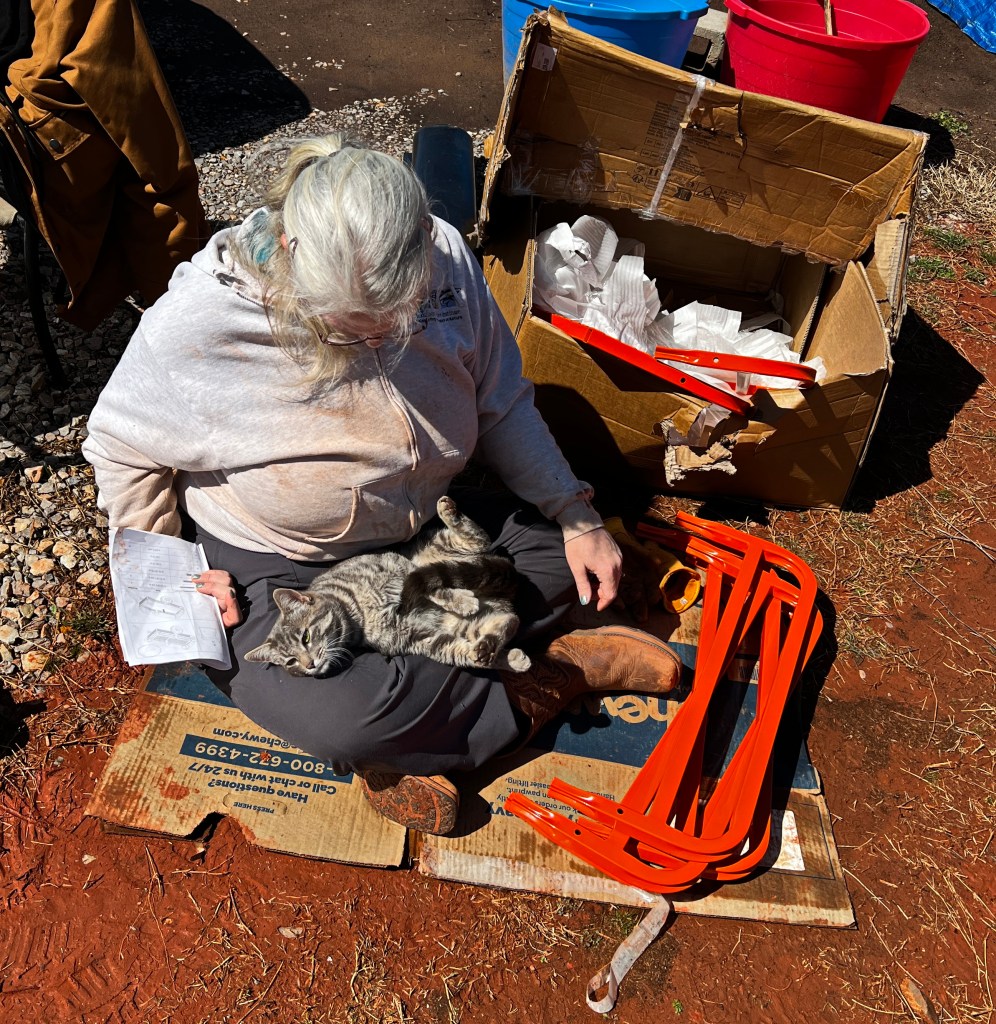 A woman sitting on the ground with a cat in her lap