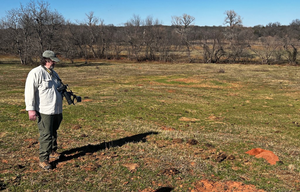A nature photographer watching a gopher mound.
